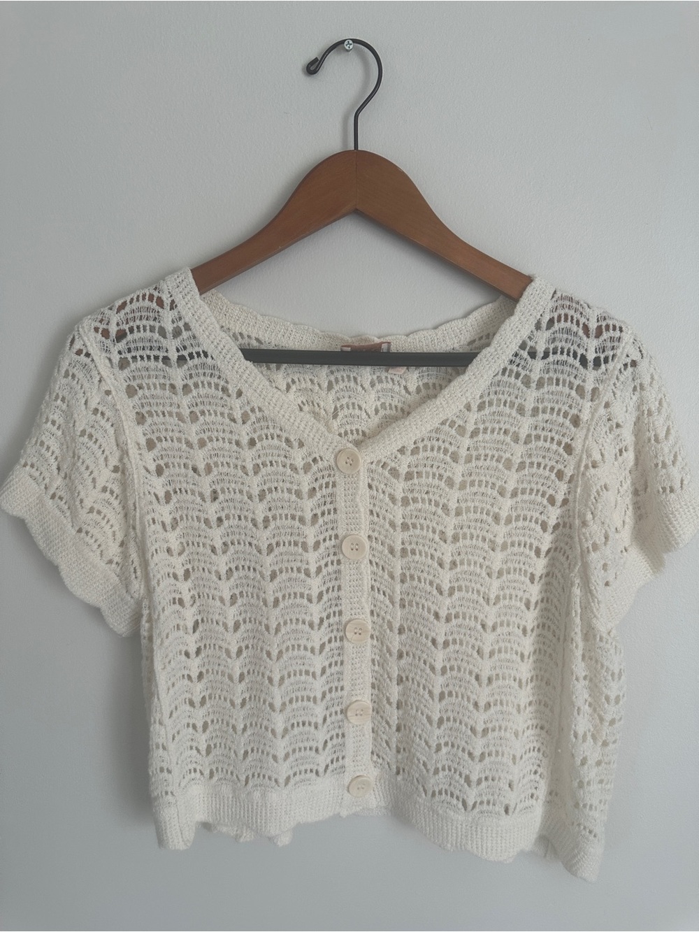 LG Cream Crochet Button-Down Short Sleeve Top
